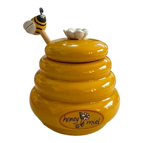 Mini Honey Pot Ceramic Jar & Wood Dipper Honey Miel Joie MSC Beehive with Bee - Picture 2 of 6